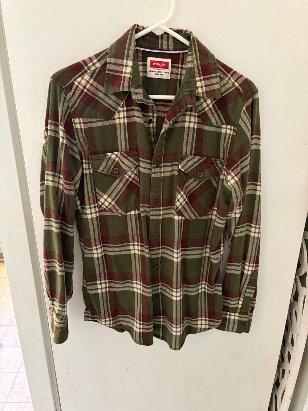 Wrangler Olive and Burgundy Plaid Flannel Button-Up Shirt